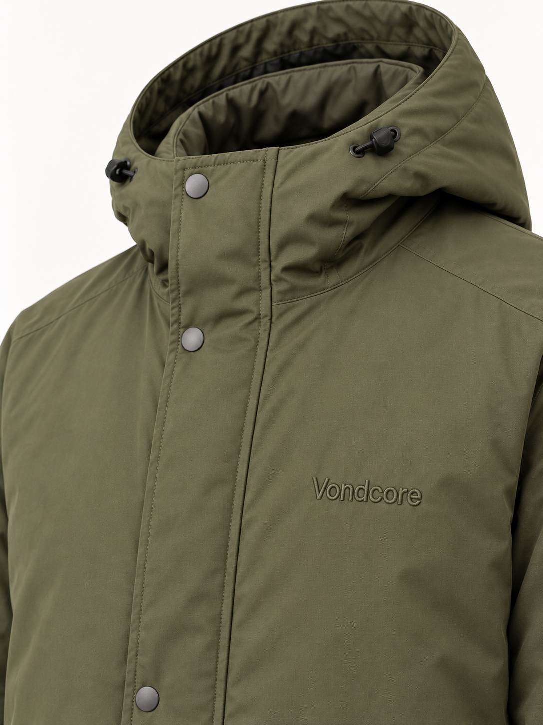 Olive Vondcore Northline Hooded Parka detail showing the hood, snap placket, fabric texture and embroidered chest logo.