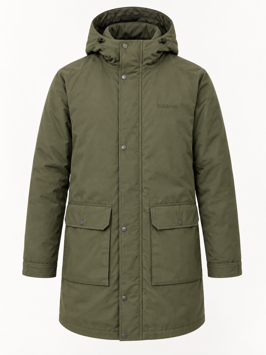 Vondcore Northline Hooded Parka in olive, front view with attached hood, covered zipper and two flap pockets.