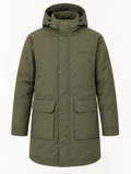 Vondcore Northline Hooded Parka in olive, front view with attached hood, covered zipper and two flap pockets.