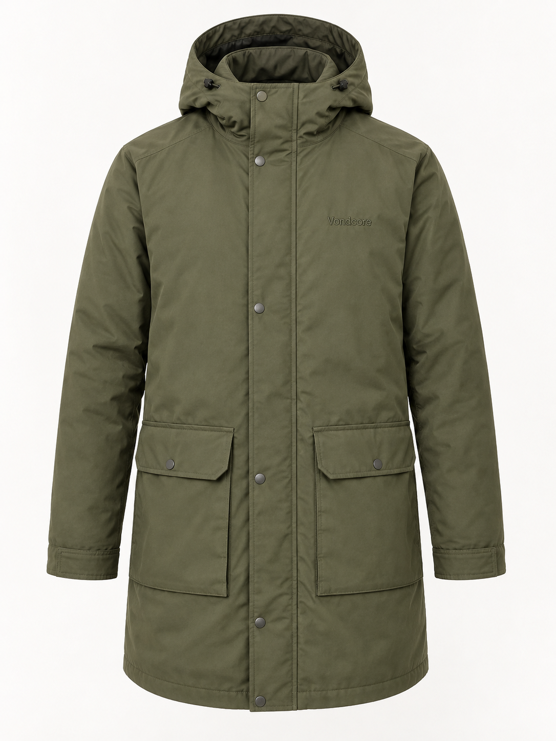 Vondcore Northline Hooded Parka in olive, front view with attached hood, covered zipper and two flap pockets.