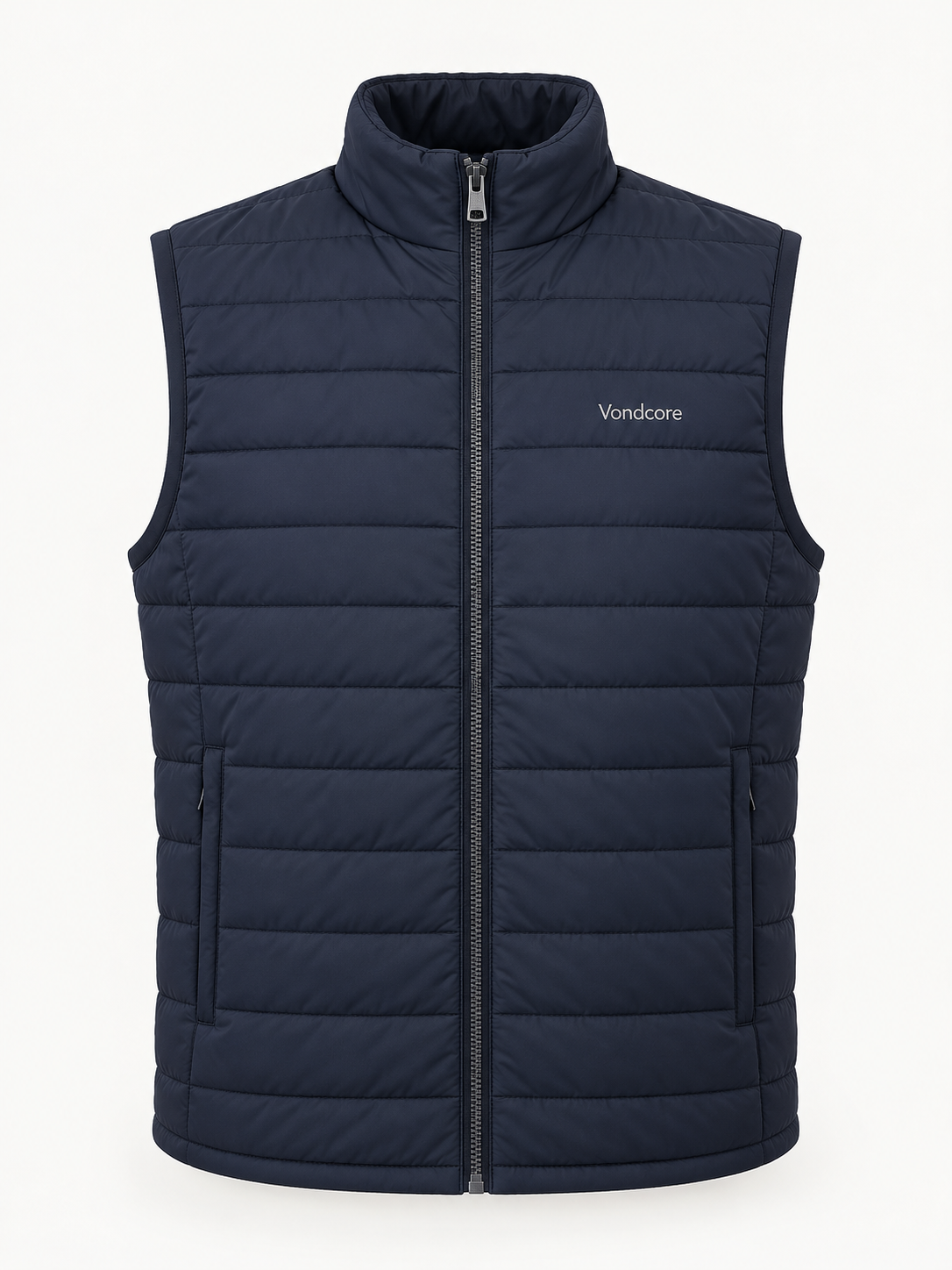 Vondcore Ridge Quilted Vest in navy, main view showing quilted body, stand collar and full zipper.