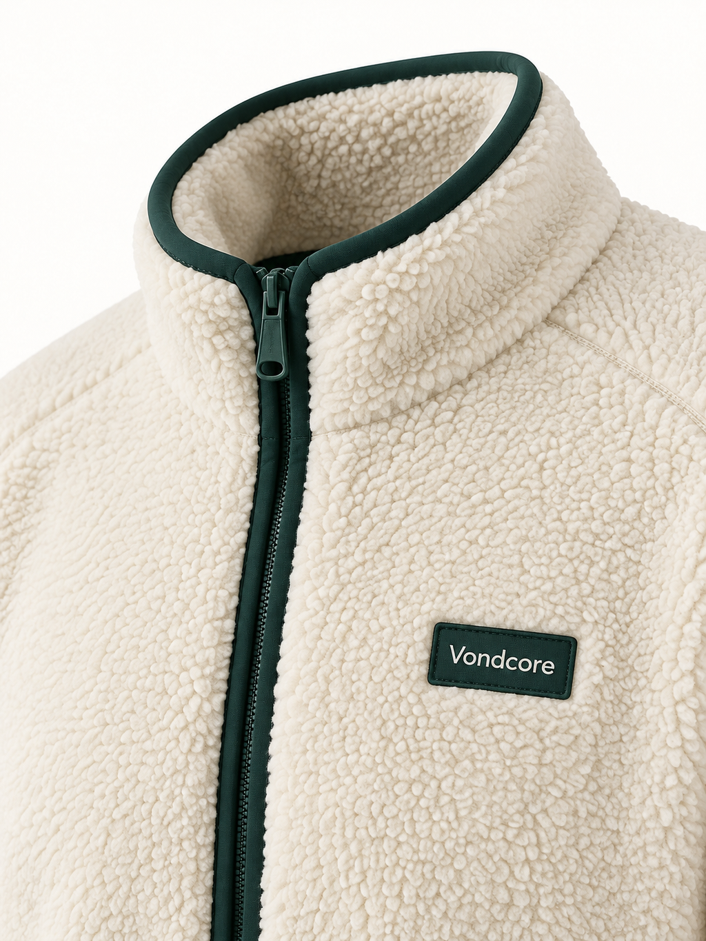 Detail of the cream Vondcore Drift Fleece Zip Jacket showing fleece texture, pine collar trim, zipper and Vondcore chest patch.