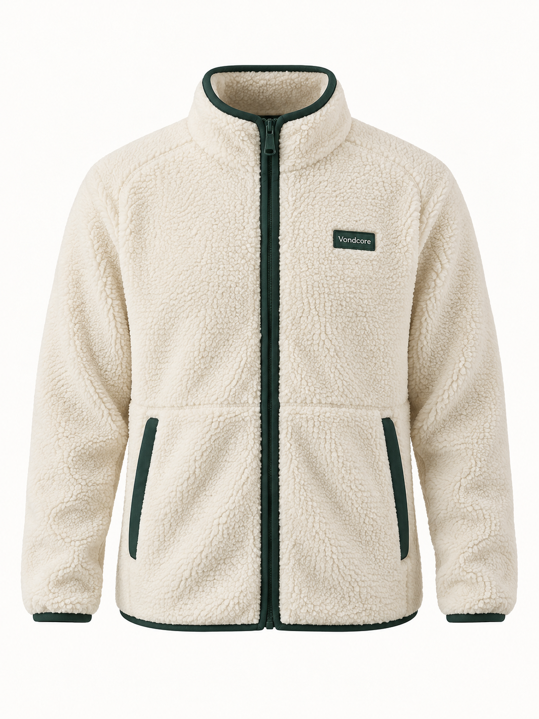 Vondcore Drift Fleece Zip Jacket in cream, main view showing plush fleece, pine trim and two front pockets.