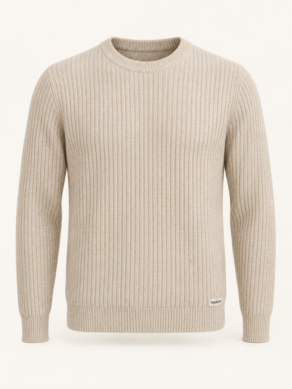 Vondcore Alpine Rib Crew Sweater in oatmeal, main view showing ribbed knit, crew neckline and long sleeves.