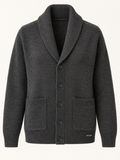 Vondcore Ember Shawl Cardigan in charcoal, main view showing shawl collar, five buttons and two patch pockets.