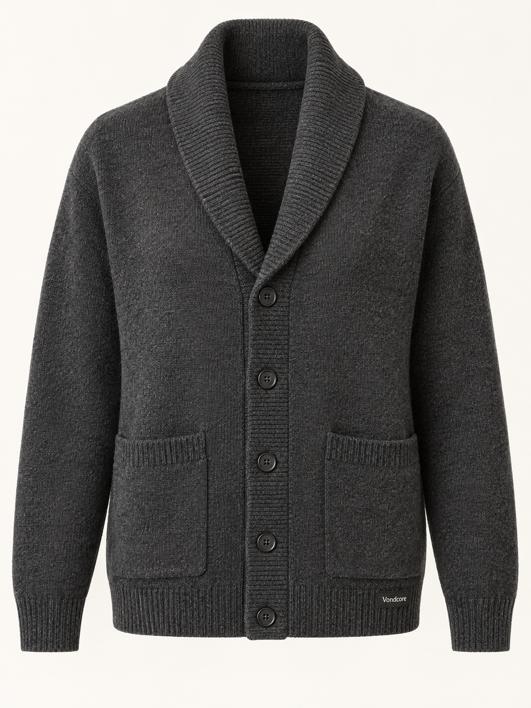 Vondcore Ember Shawl Cardigan in charcoal, main view showing shawl collar, five buttons and two patch pockets.