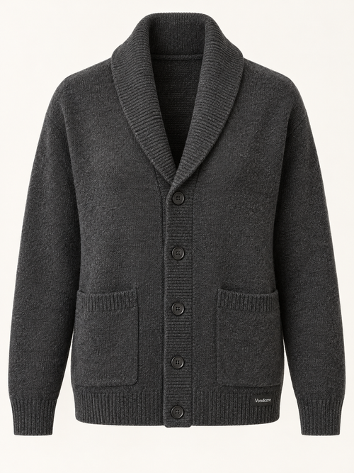 Vondcore Ember Shawl Cardigan in charcoal, main view showing shawl collar, five buttons and two patch pockets.