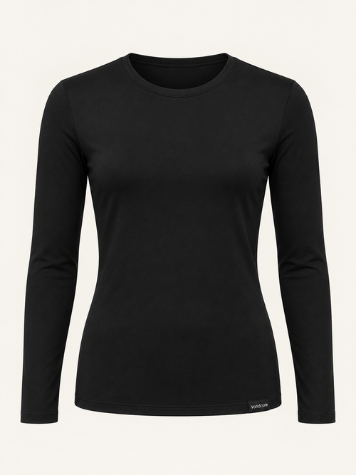 Vondcore Base Long-Sleeve Layer in black, main view showing round neck, long sleeves and close fit.