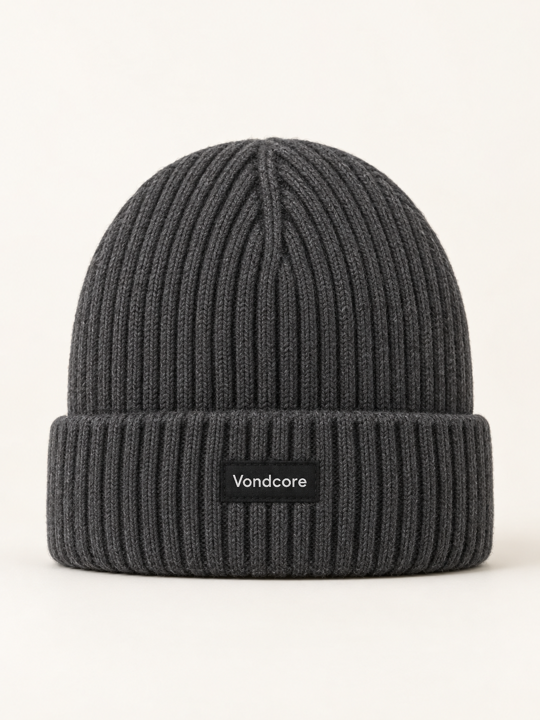 Vondcore Frost Rib Beanie in charcoal, main view showing rib knit texture and folded cuff.