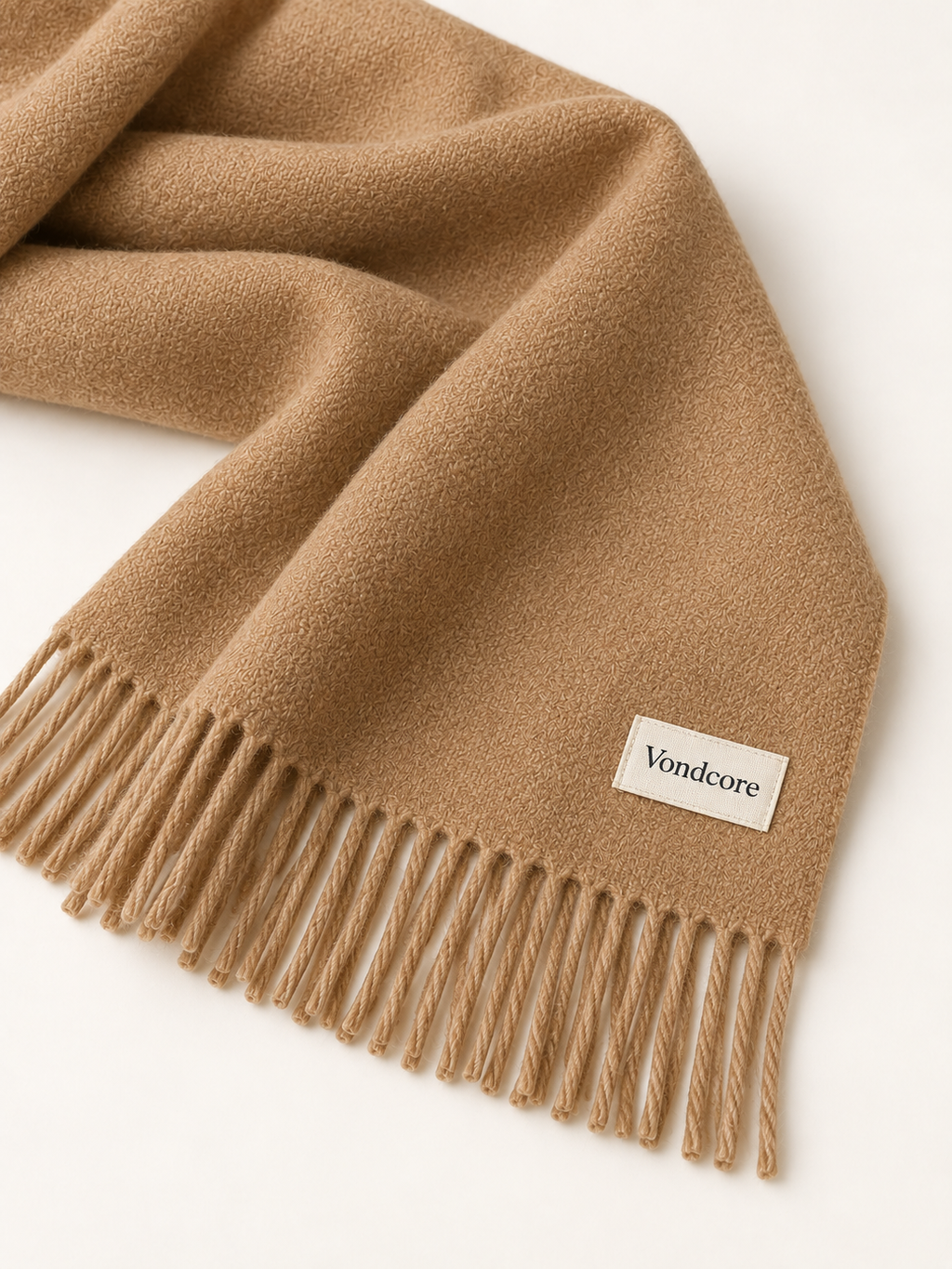 Close detail of the camel Vondcore Traverse Fringe Scarf showing woven texture, short fringe and Vondcore label.
