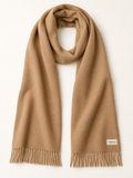 Vondcore Traverse Fringe Scarf in camel, full view showing the woven texture, fringed ends and branded corner label.